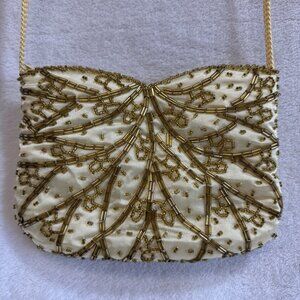 Vintage Yellow Beaded Evening Bag Small‎ Braided Crossbody Strap Elegant Prom